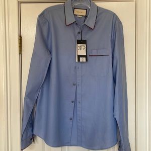 Gucci Mens Sky Blue dress shirt. 16. Multi color trim. NWT